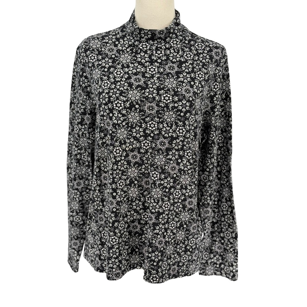 White Stag Mock Neck Top Black White Medallion Floral 100% Cotton XL